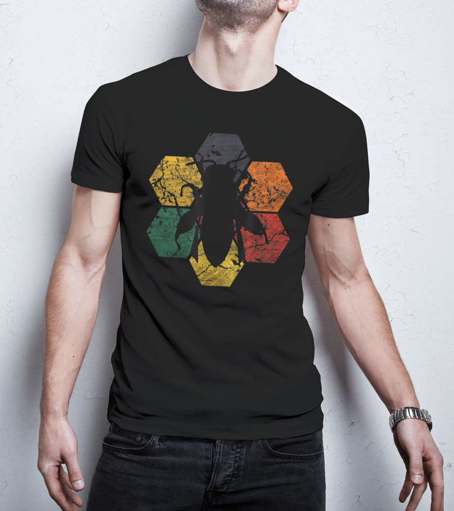 Vintage Hexagon Honey Bee Silhouette Retro Color Blocks T-Shirt
