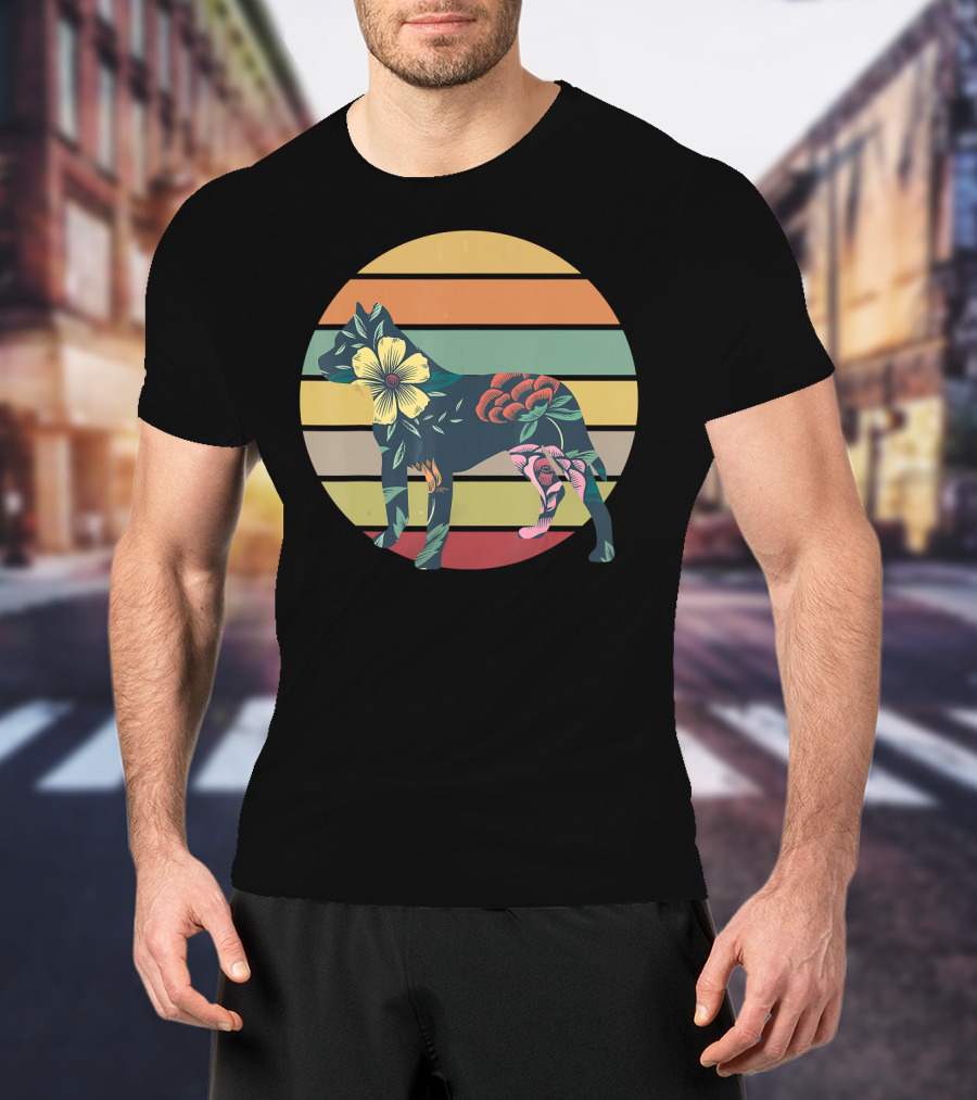 Vintage Floral Pitbull Silhouette Sunset Stripes T-Shirt