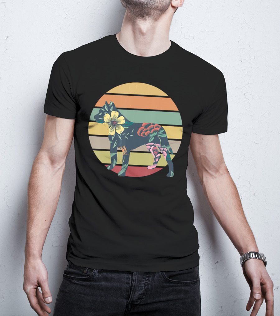 Vintage Floral Pitbull Silhouette Sunset Stripes T-Shirt