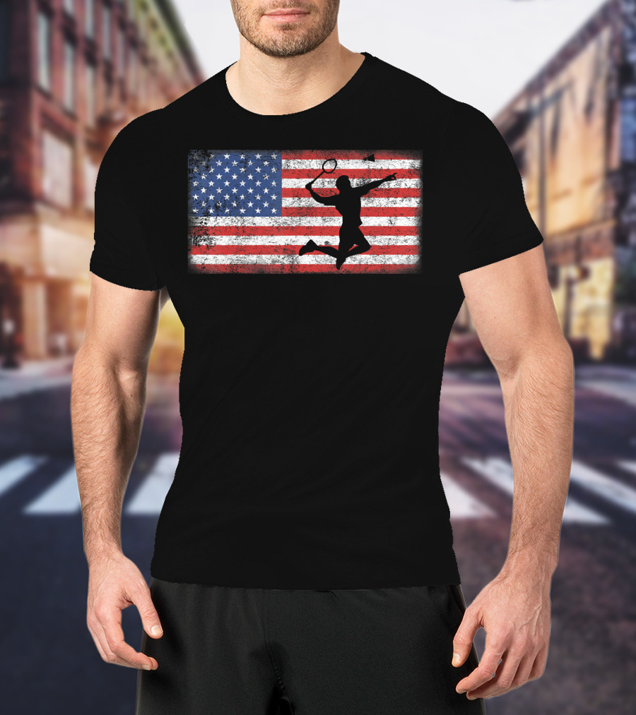 Vintage American Flag Badminton Player Silhouette Jumping Over T-Shirt