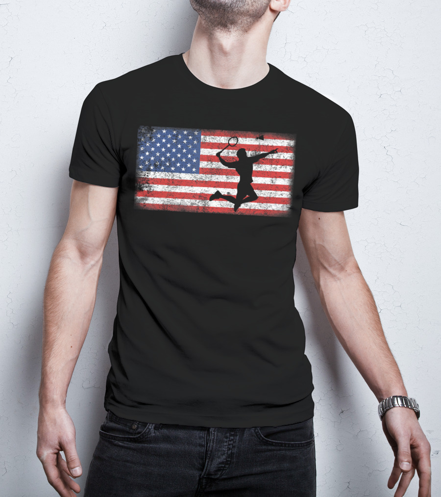 Vintage American Flag Badminton Player Silhouette Jumping Over T-Shirt