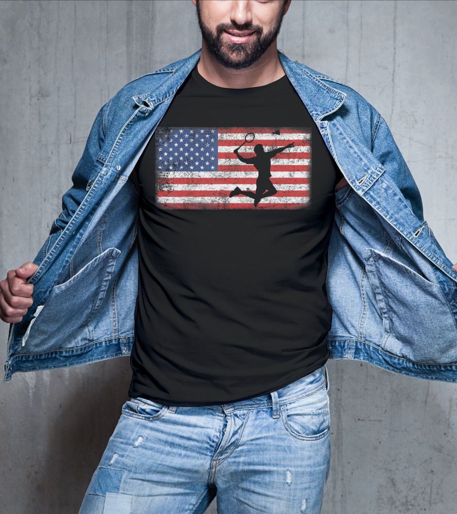 Vintage American Flag Badminton Player Silhouette Jumping Over T-Shirt