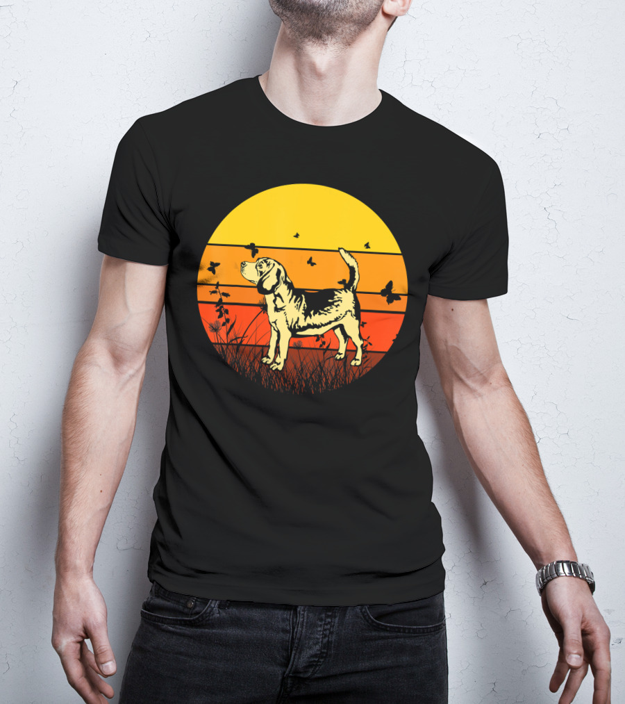 Vintage Beagle Sun With Butterflies And Grass T-Shirt