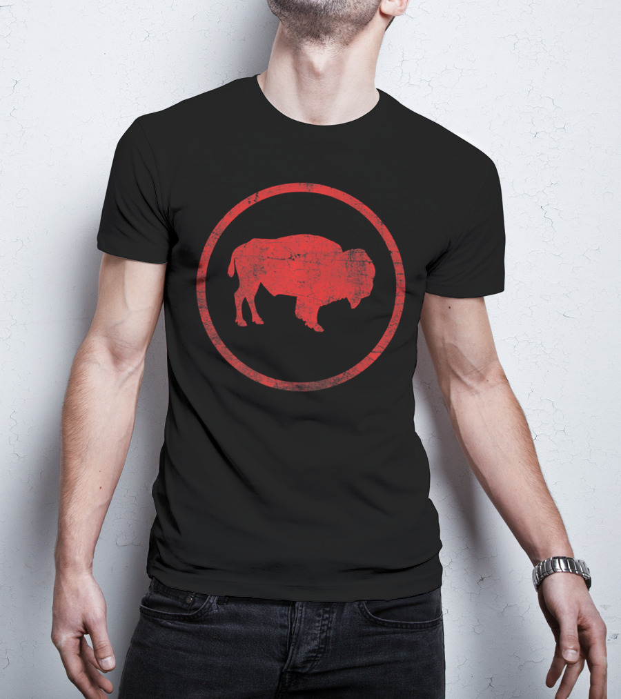 Vintage Distressed Red Bison American Buffalo Circle Emblem T-Shirt
