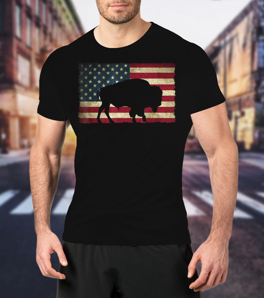 Vintage Buffalo Silhouette Over American Flag USA T-Shirt