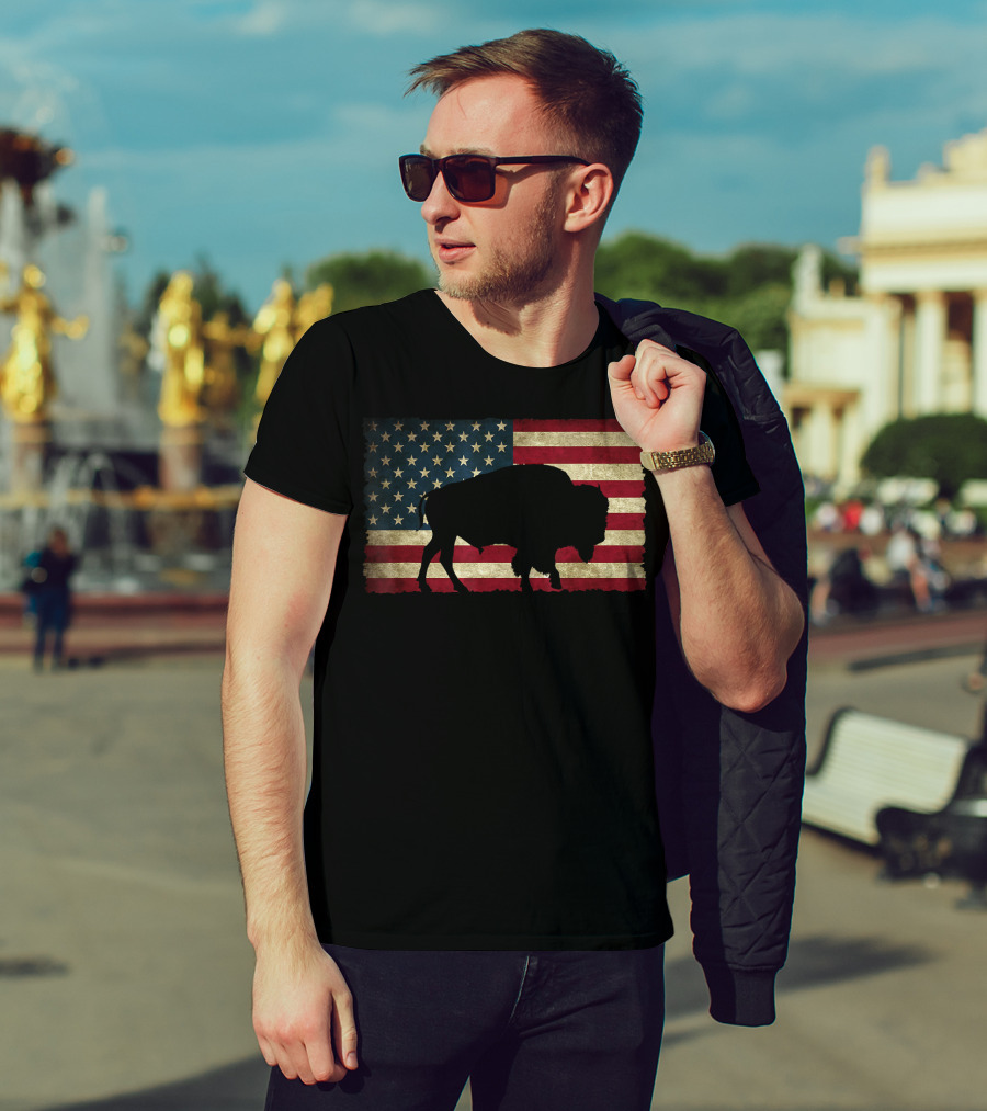 Vintage Buffalo Silhouette Over American Flag USA T-Shirt
