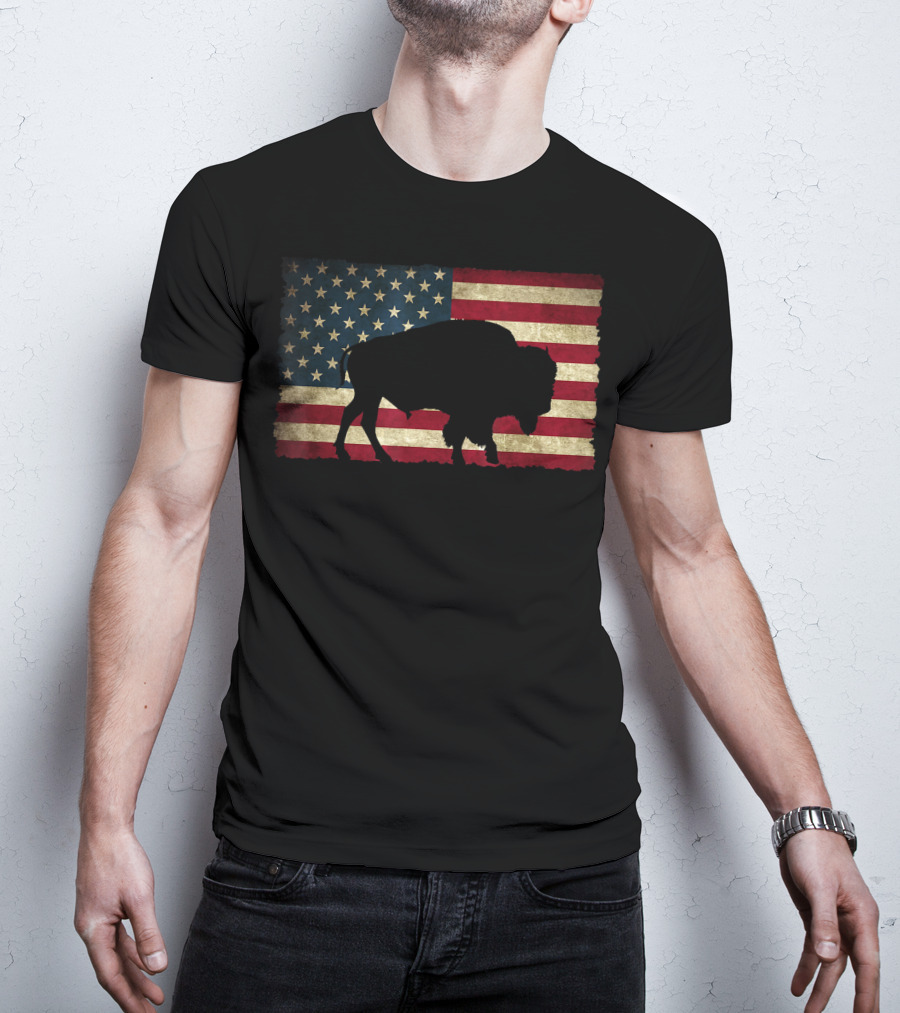 Vintage Buffalo Silhouette Over American Flag USA T-Shirt