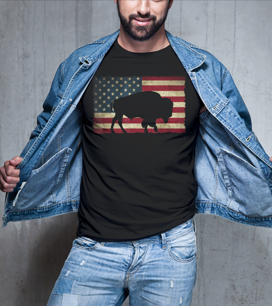 Vintage Buffalo Silhouette Over American Flag USA T-Shirt