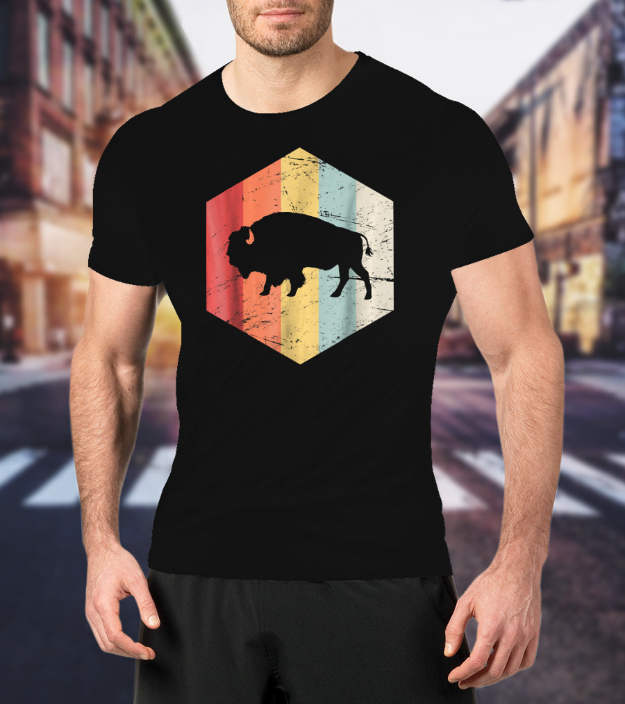 Vintage Buffalo Silhouette Retro Stripes Hexagon T-Shirt