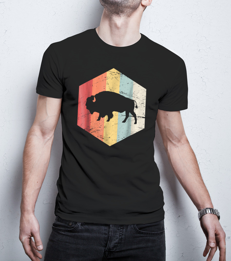 Vintage Buffalo Silhouette Retro Stripes Hexagon T-Shirt