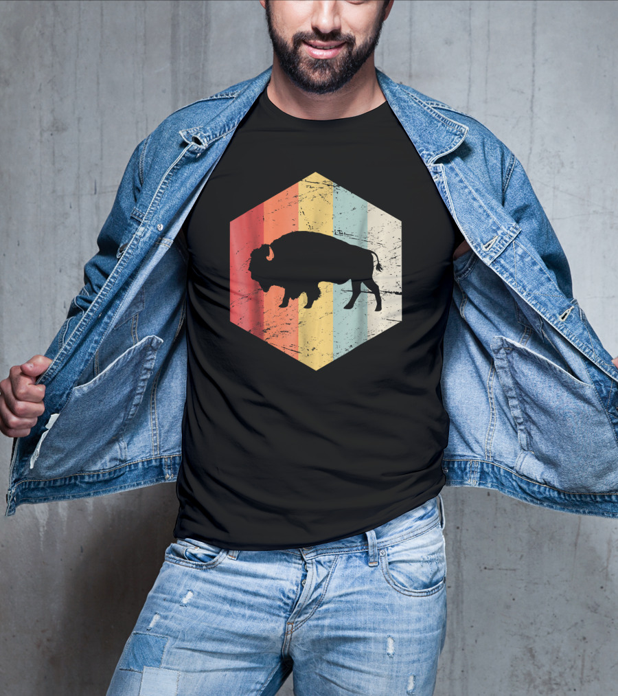 Vintage Buffalo Silhouette Retro Stripes Hexagon T-Shirt