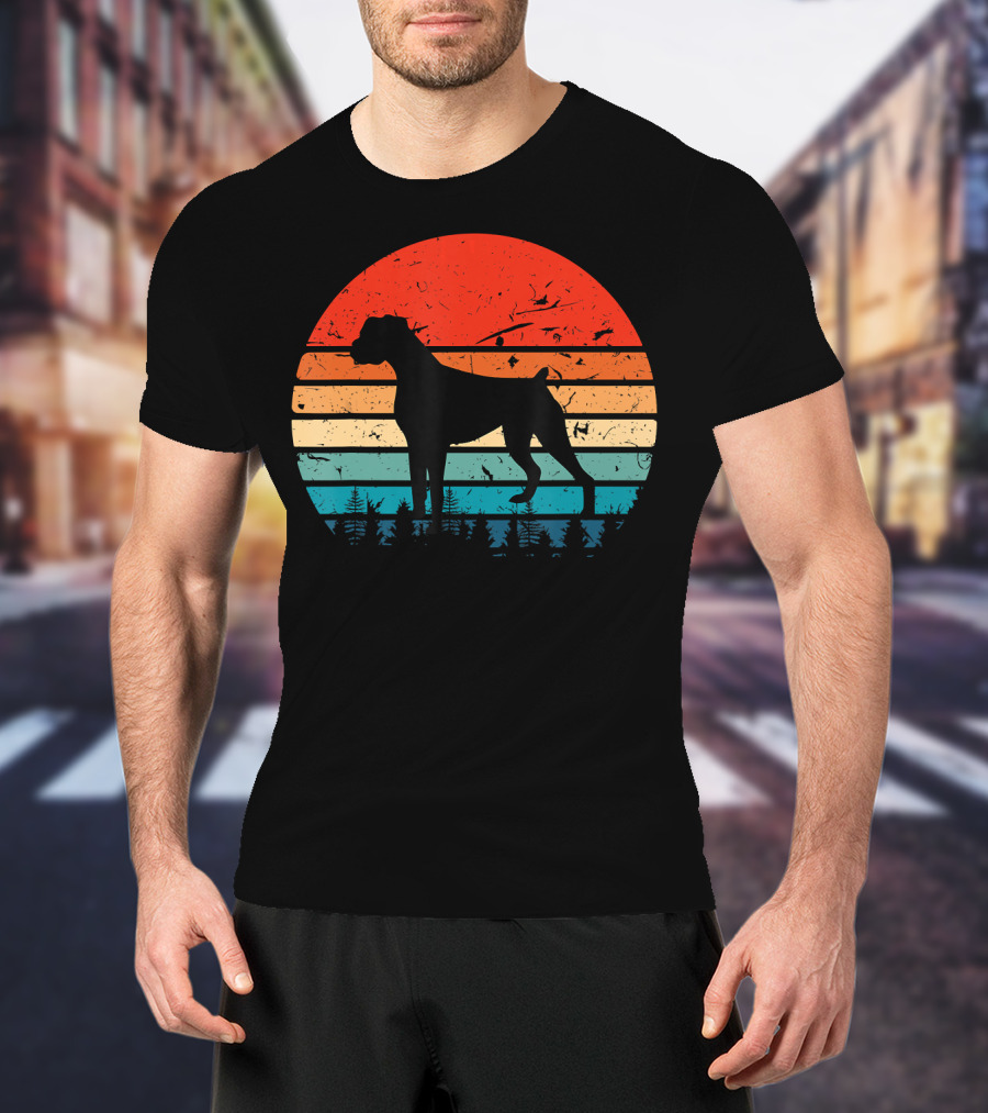 Vintage Boxer Dog Silhouette Retro Sunset Stripes Forest Scene T-Shirt