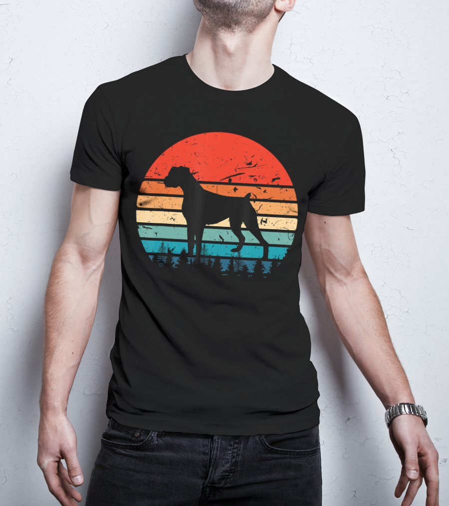 Vintage Boxer Dog Silhouette Retro Sunset Stripes Forest Scene T-Shirt