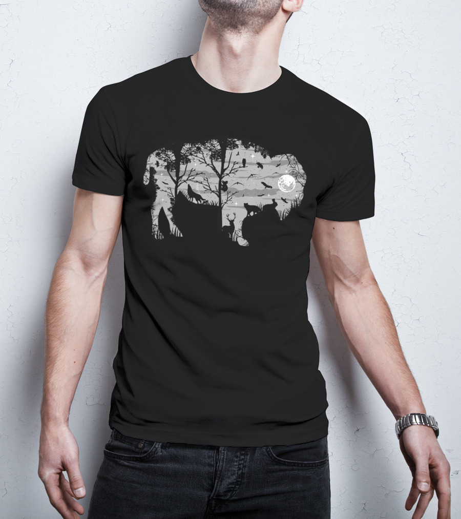 Wild Bison American Buffalo Wilderness Moonlit Forest Scene T-Shirt
