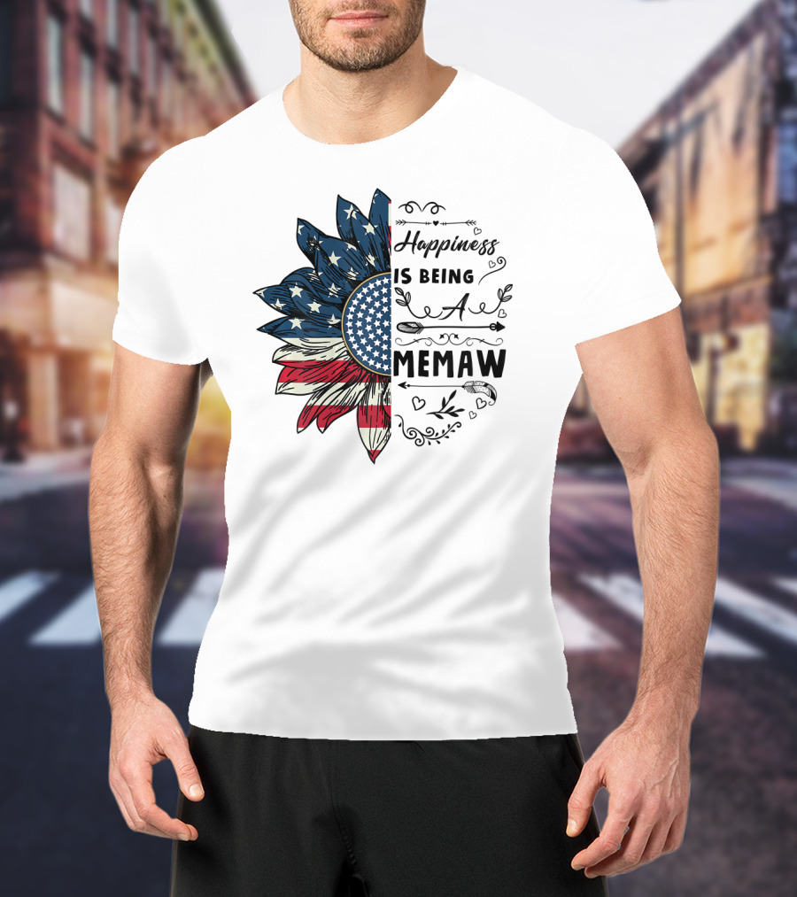 Happiness Is Being A Memaw Sunflower American Flag T-Shirt