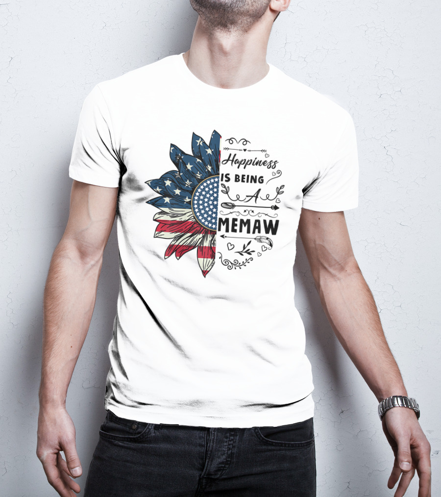 Happiness Is Being A Memaw Sunflower American Flag T-Shirt