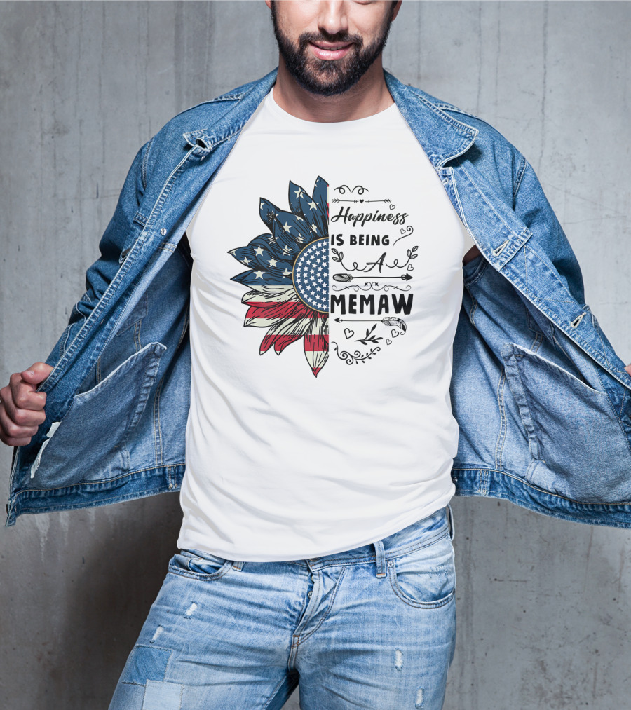 Happiness Is Being A Memaw Sunflower American Flag T-Shirt