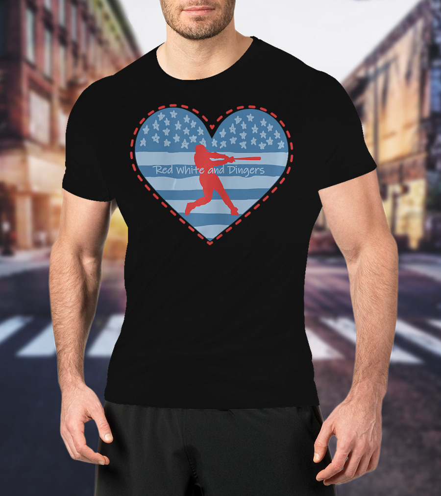 Red White And Dingers Primitive Patriotic American Baseball T-Shirt