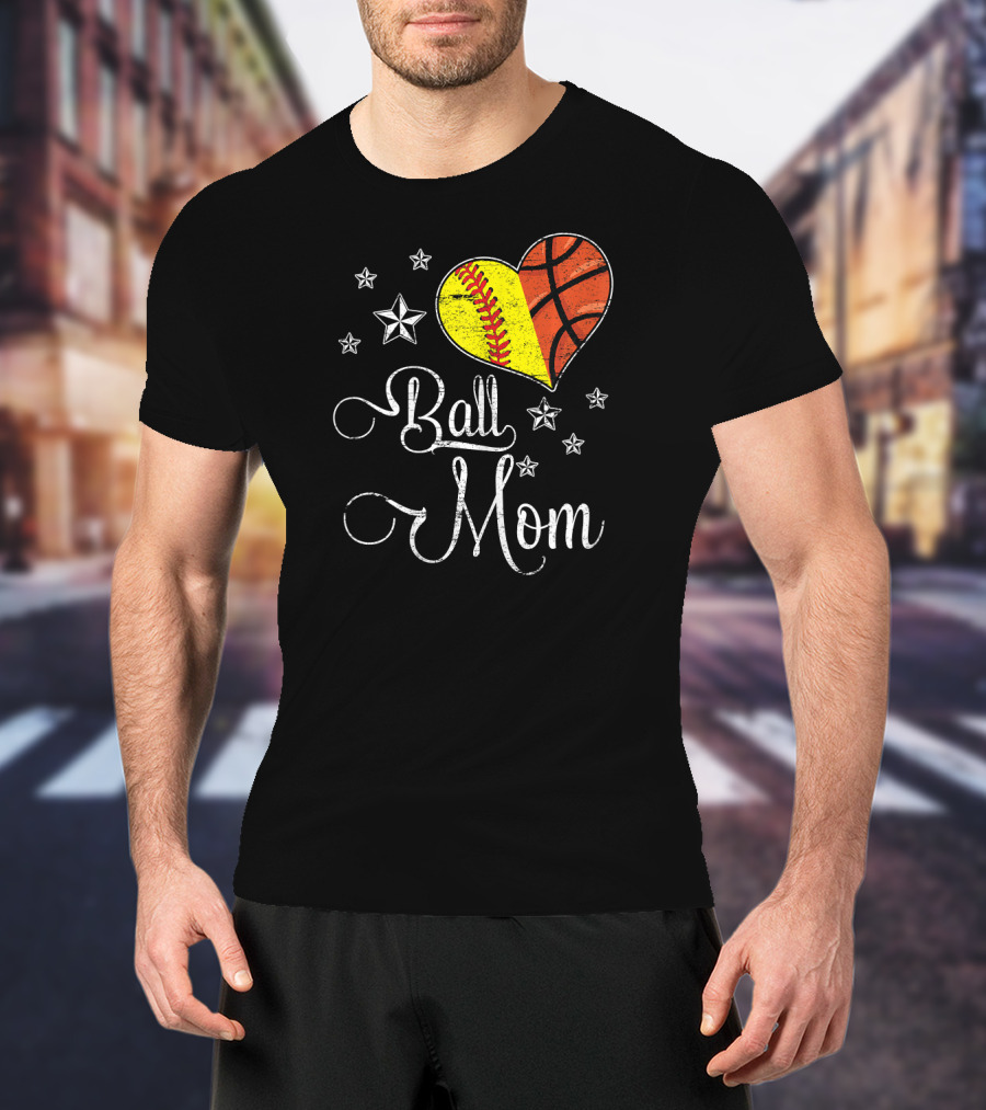 Proud Softball Basketball Ball Mom Star Heart T-Shirt