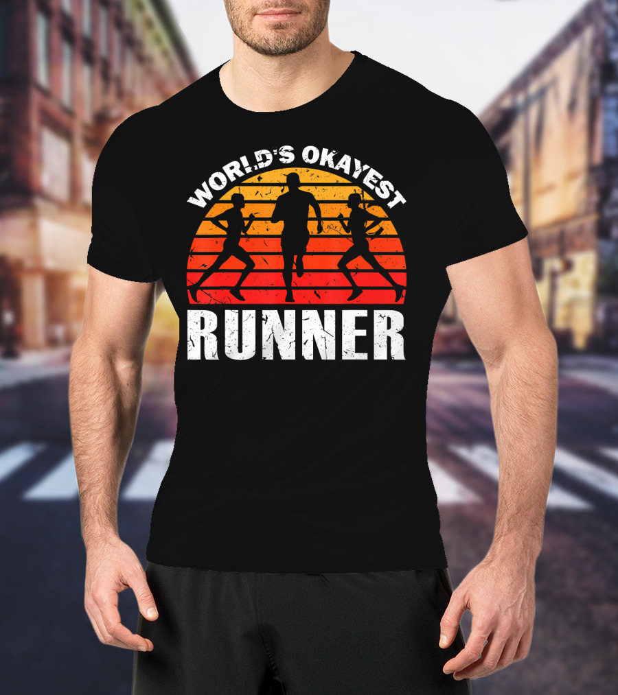 World's Okayest Runner Sunset Silhouette Sprinting Marathon T-Shirt