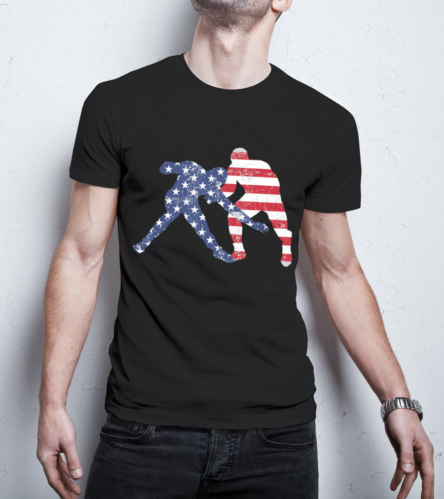 Wrestling Dual Silhouette With US Flag Stars And Stripes For Fourth Of July T-Shirt
