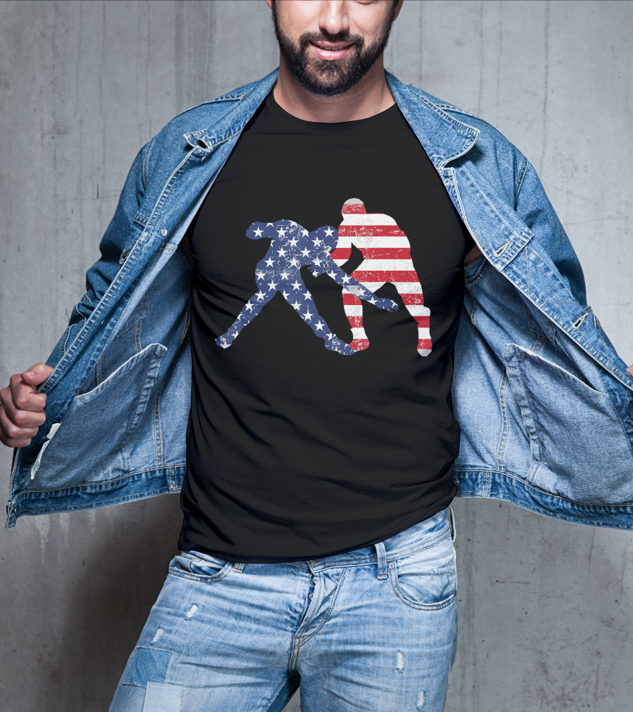 Wrestling Dual Silhouette With US Flag Stars And Stripes For Fourth Of July T-Shirt