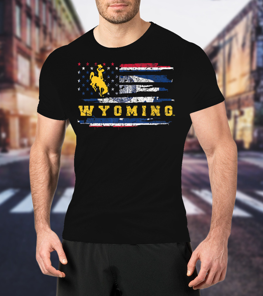 Wyoming Cowboy Riding Horse On American Flag T-Shirt