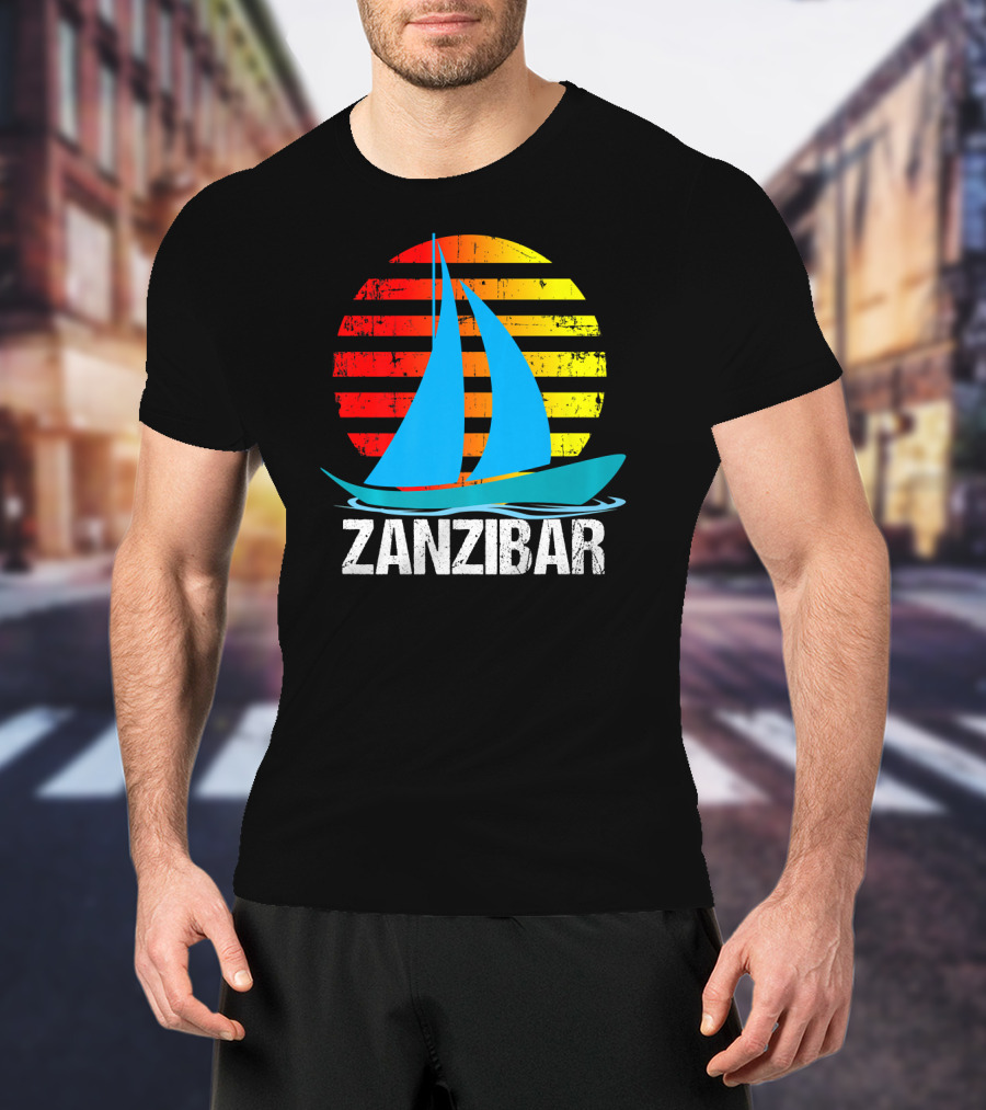 Zanzibar Sunset Sailboat Vintage Nautical Scene T-Shirt