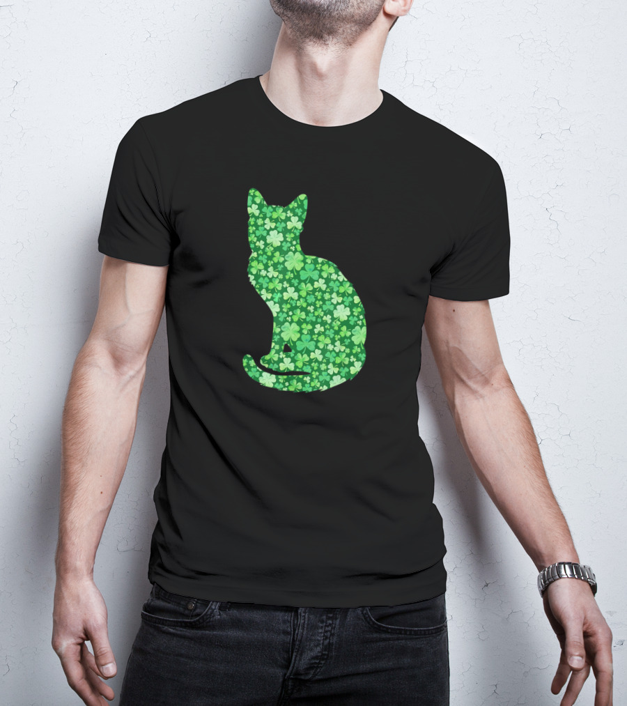 Shamrock Cat St Patrick's Day Irish Green Clover T-Shirt