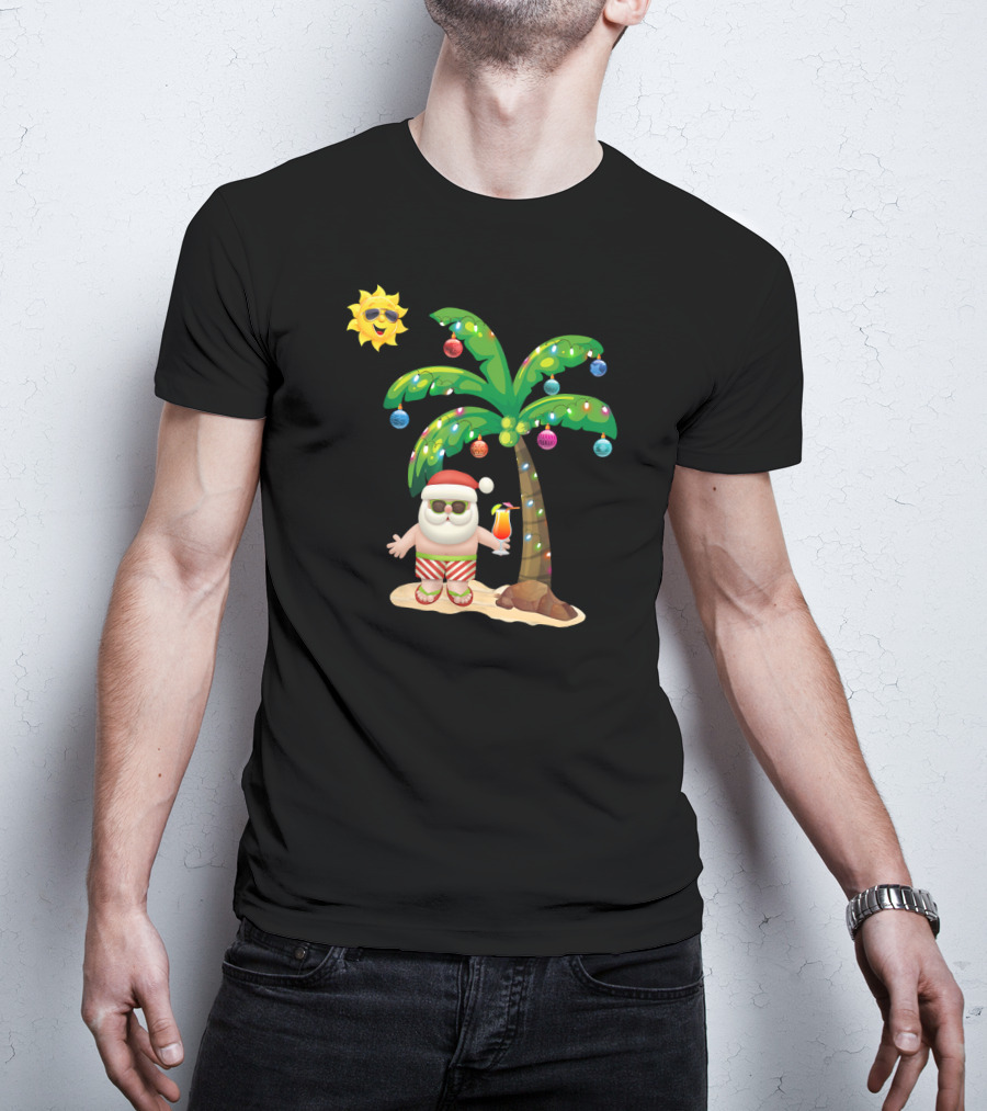Summer Santa Claus Christmas Mele Tropical Palm Tree Festive Cocktail T-Shirt