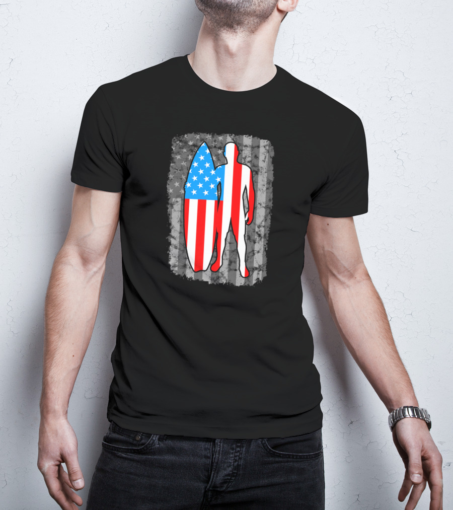Vintage American Flag Surfing Silhouette United States T-Shirt