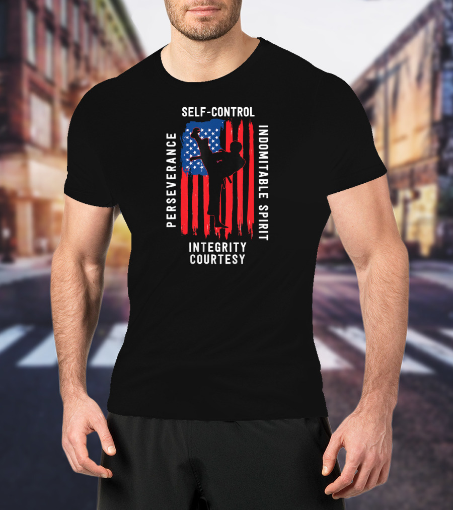 Taekwondo Five Tenets Perseverance Self-Control Indomitable Spirit Integrity Courtesy US Flag Martial Arts T-Shirt