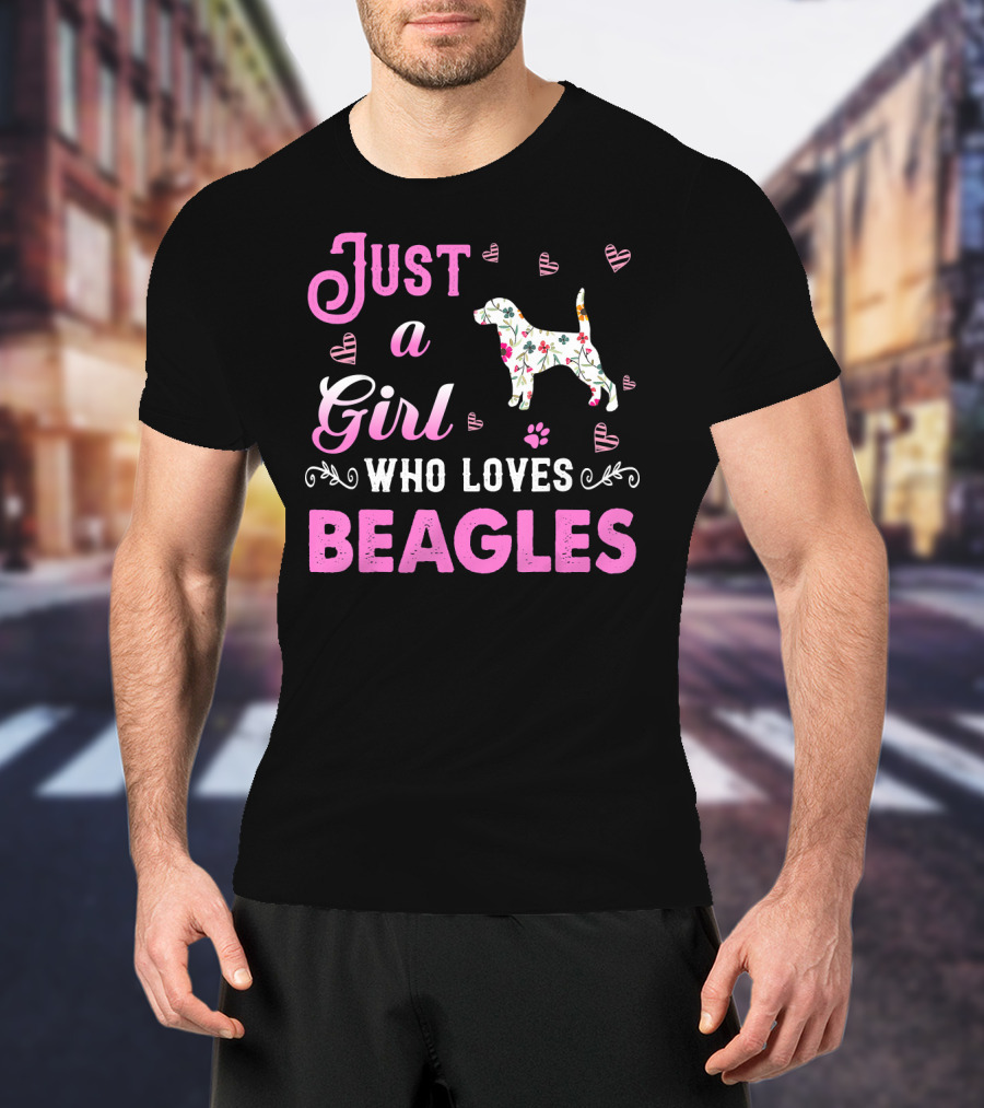 Just A Girl Who Loves Beagles With Floral Dog And Pink Hearts T-Shirt