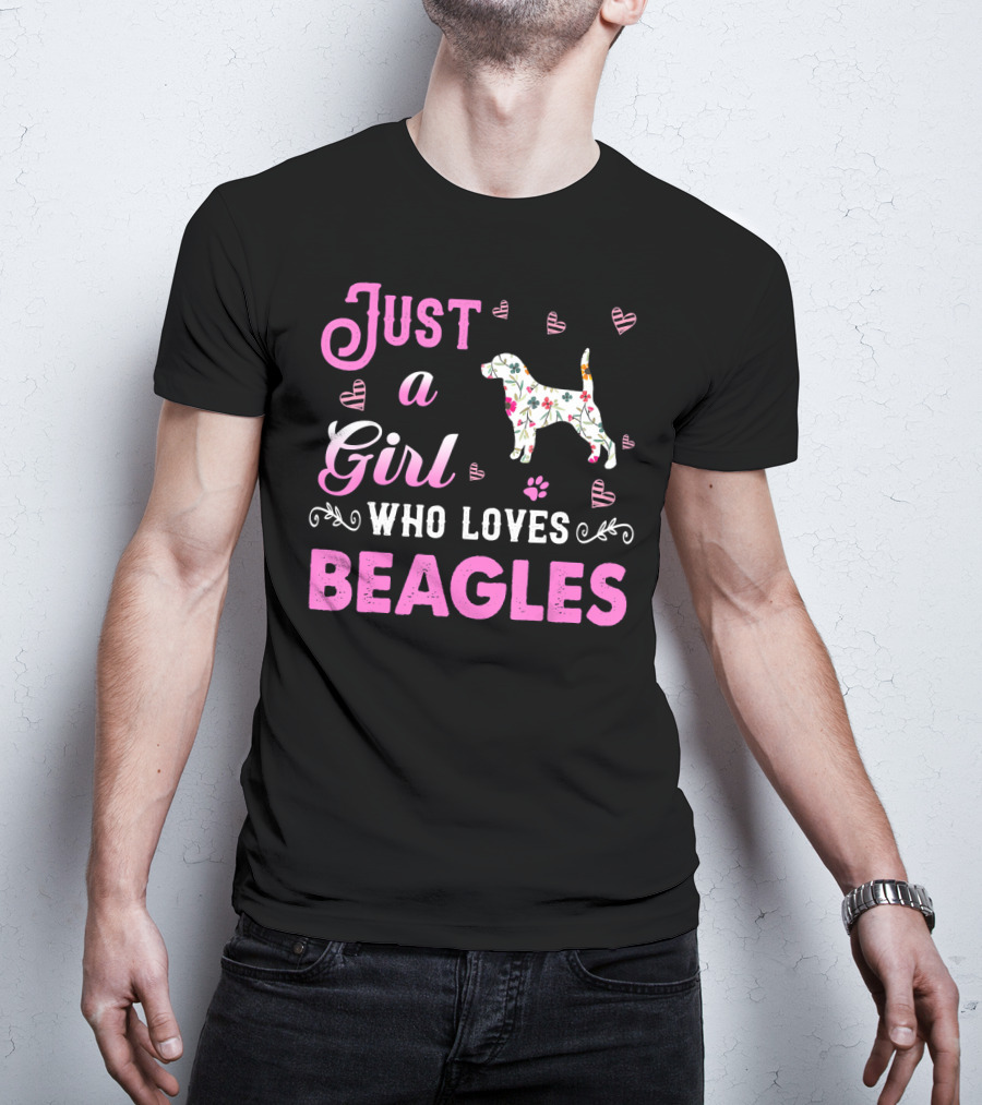 Just A Girl Who Loves Beagles With Floral Dog And Pink Hearts T-Shirt