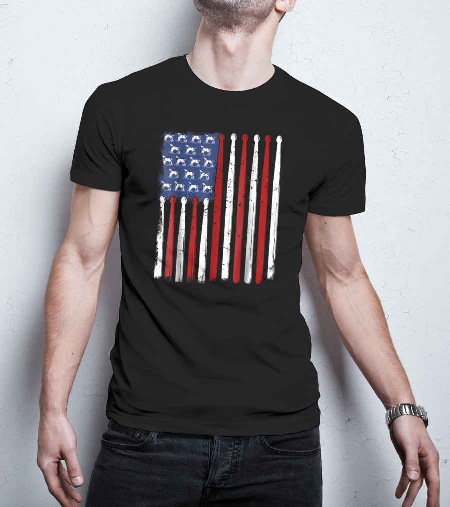 American Flag Made Of Drumsticks Vintage Drummer T-Shirt