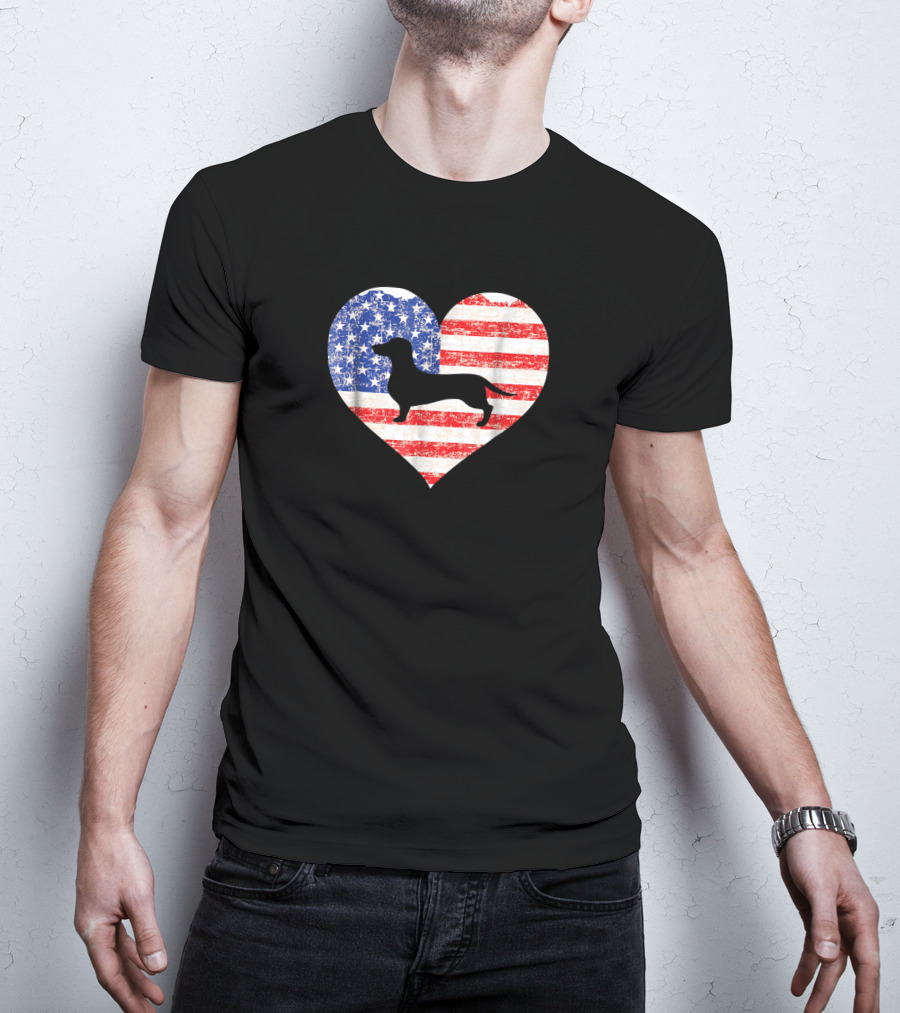 American Flag Heart With Dachshund Silhouette US Love T-Shirt