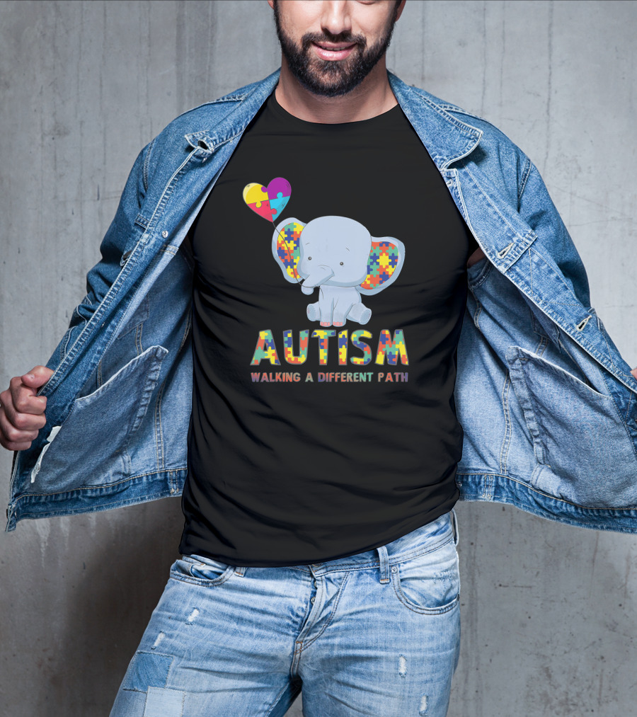 Autism Puzzle Piece Elephant Walking A Different Path T-Shirt