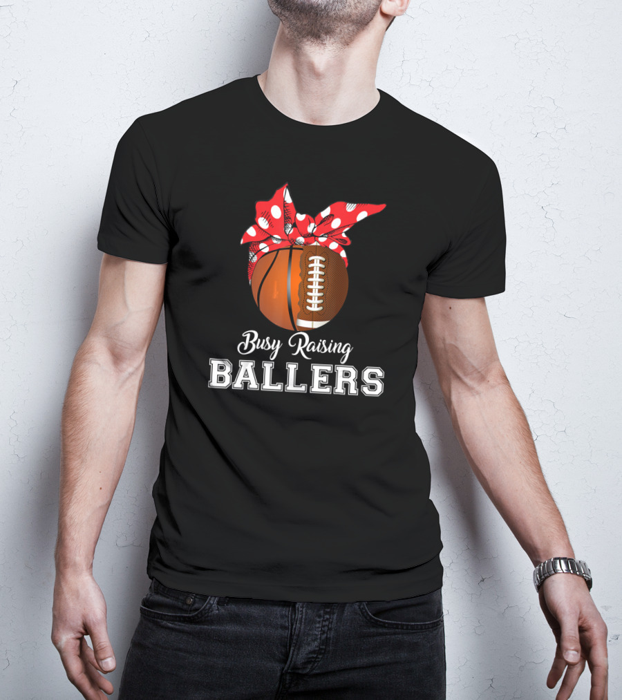 Basketball Football Busy Raising Ballers Polka Dot Bandana Typography T-Shirt