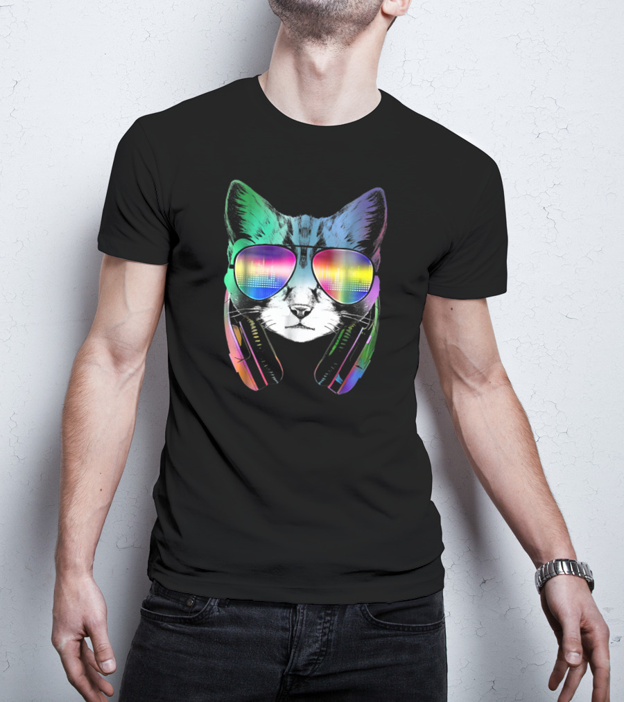 Electro Music Cat Rainbow DJ Sunglasses Headphones Retro Vibes T-Shirt
