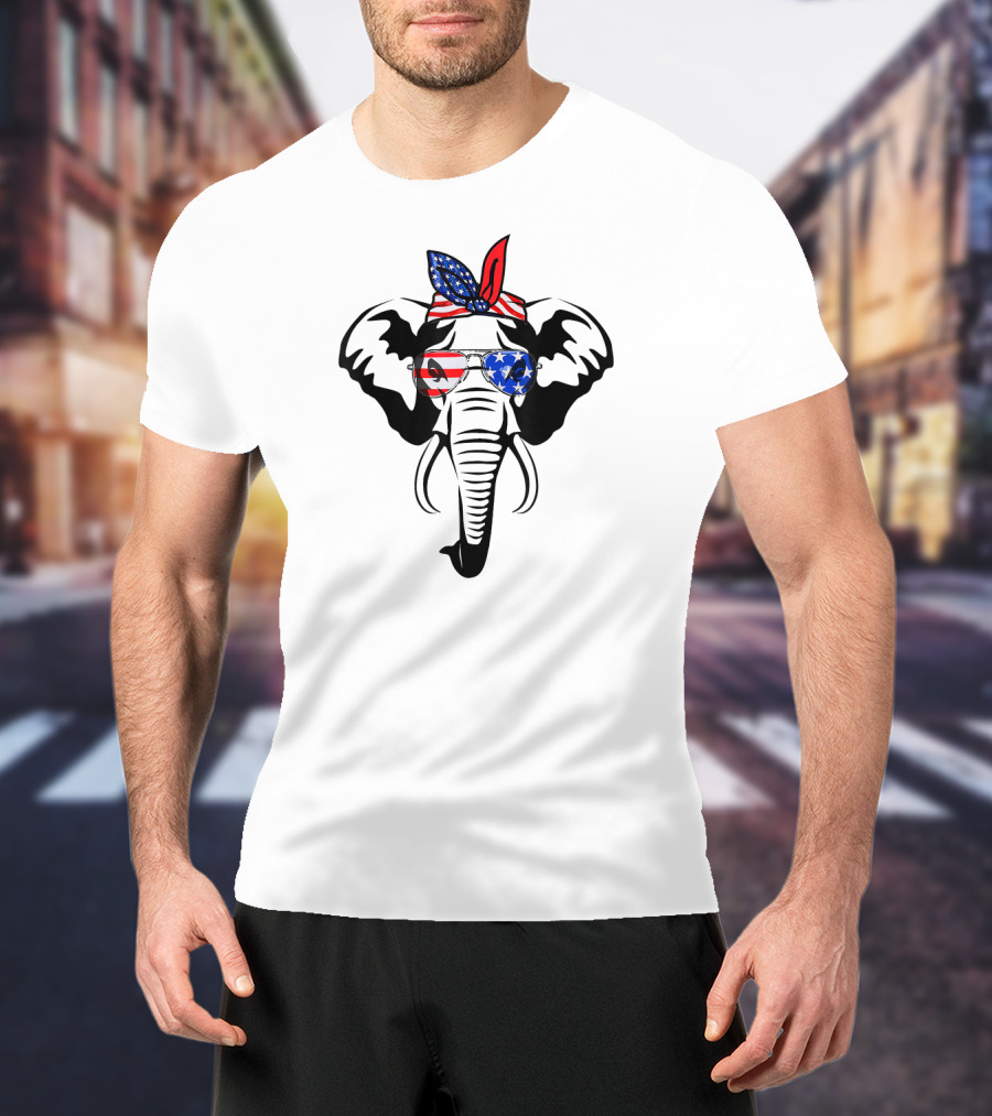 Elephant Wearing American Flag Glasses And Bandana T-Shirt