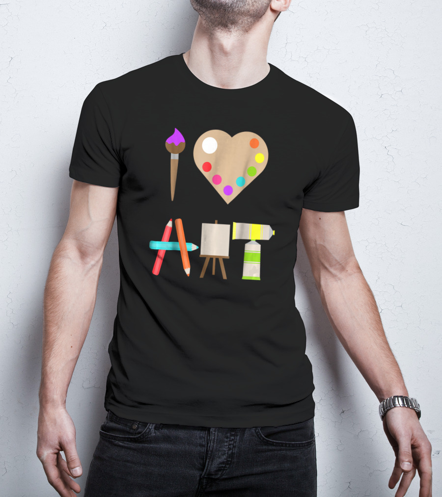 I Love Art Fun Colorful Future Artist Heart Palette Paintbrush Pencils Easel Tube T-Shirt
