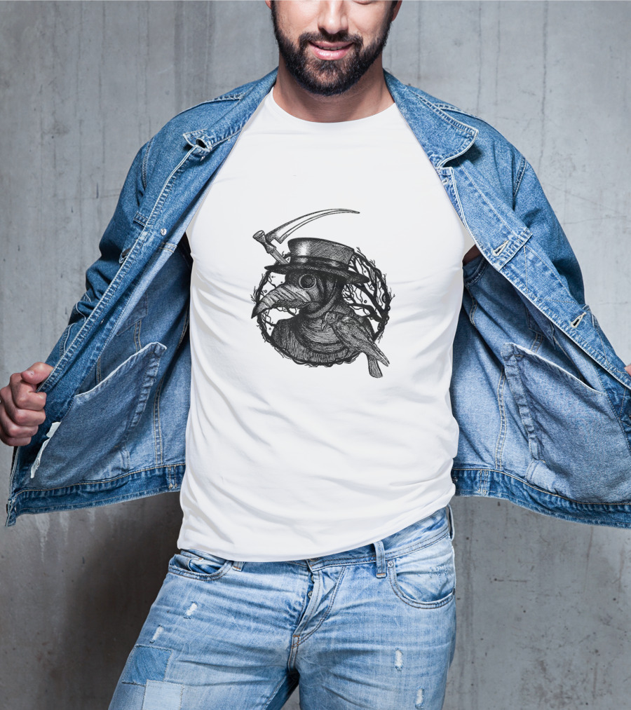 Plague Doctor Medieval Bird Mask With Scythe And Crow T-Shirt