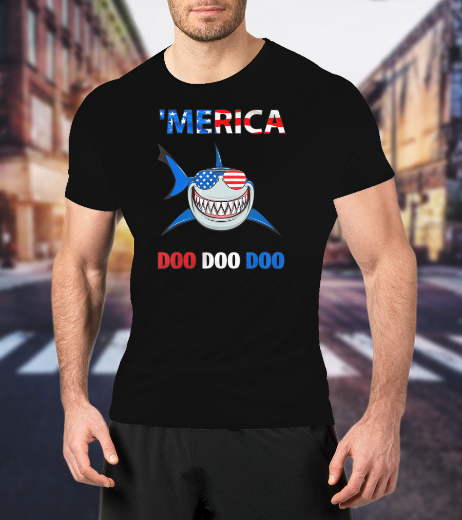 'Merica Shark Doo Doo Doo Patriotic Sunglasses USA Flag T-Shirt