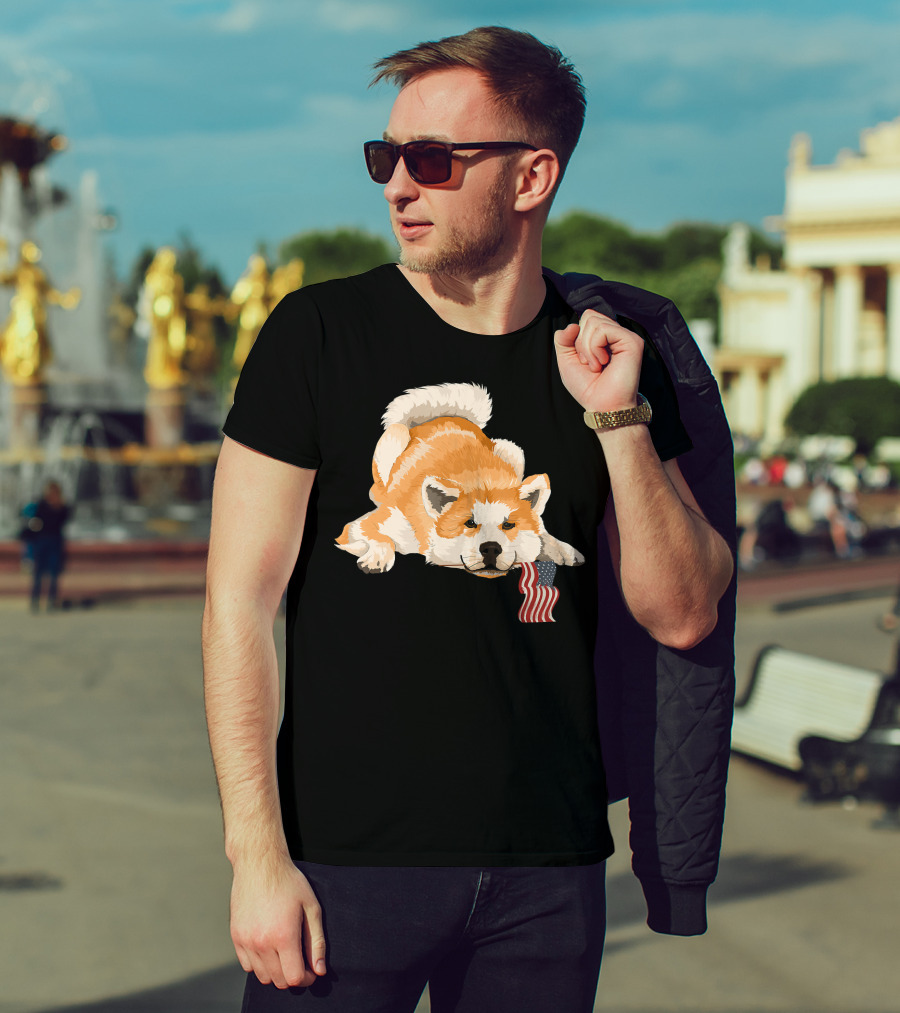 Akita Dog Lover With American Flag Motif T-Shirt