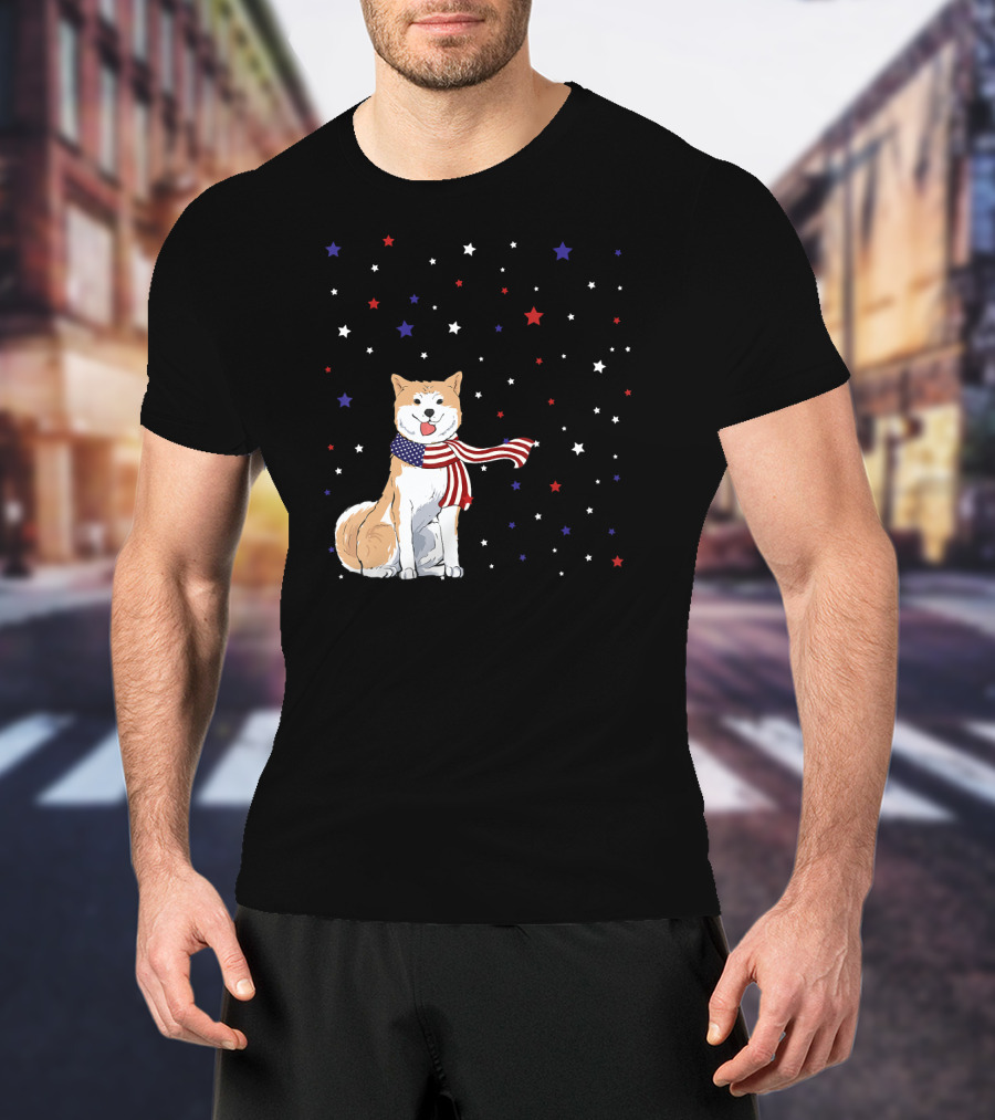 Akita Inu Patriotic American Flag Scarf Stars T-Shirt
