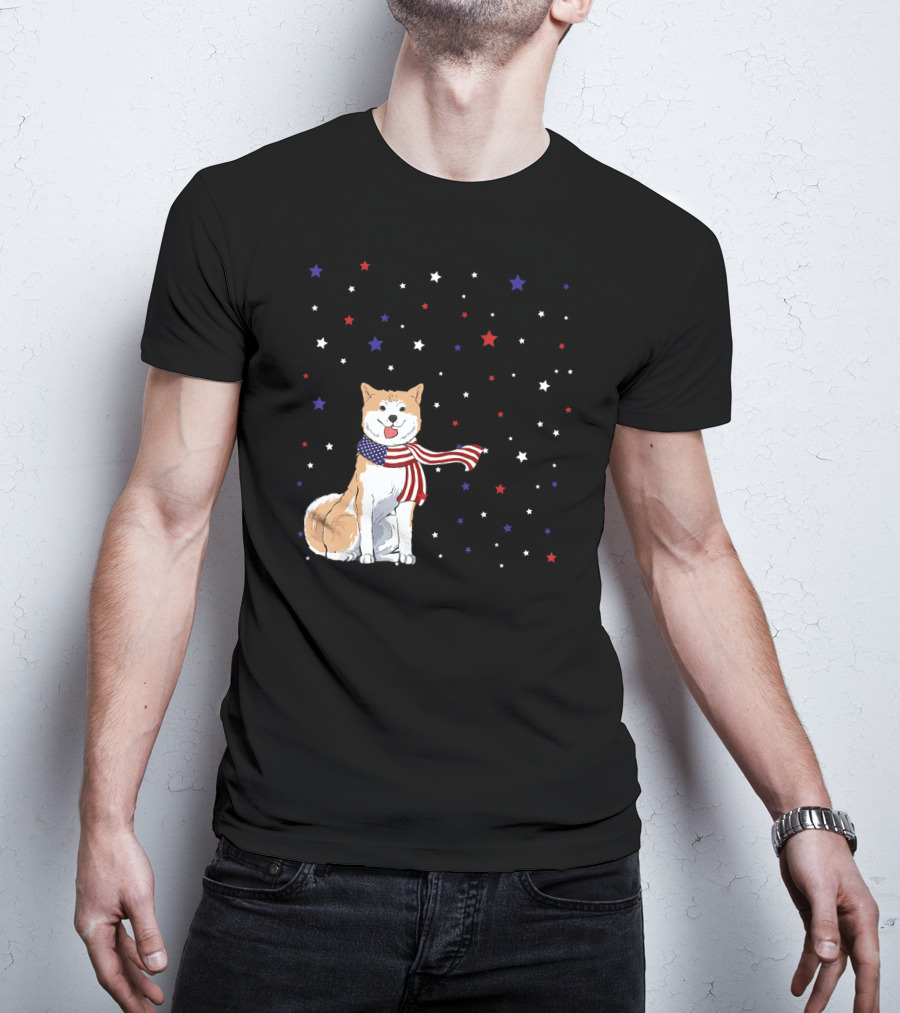Akita Inu Patriotic American Flag Scarf Stars T-Shirt