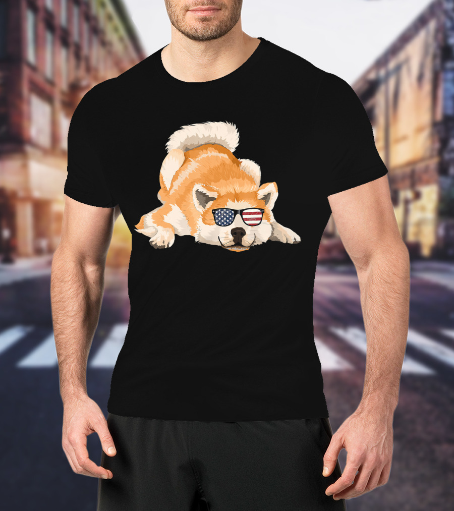 Akita Inu Wearing American Flag Sunglasses Playful Pose T-Shirt