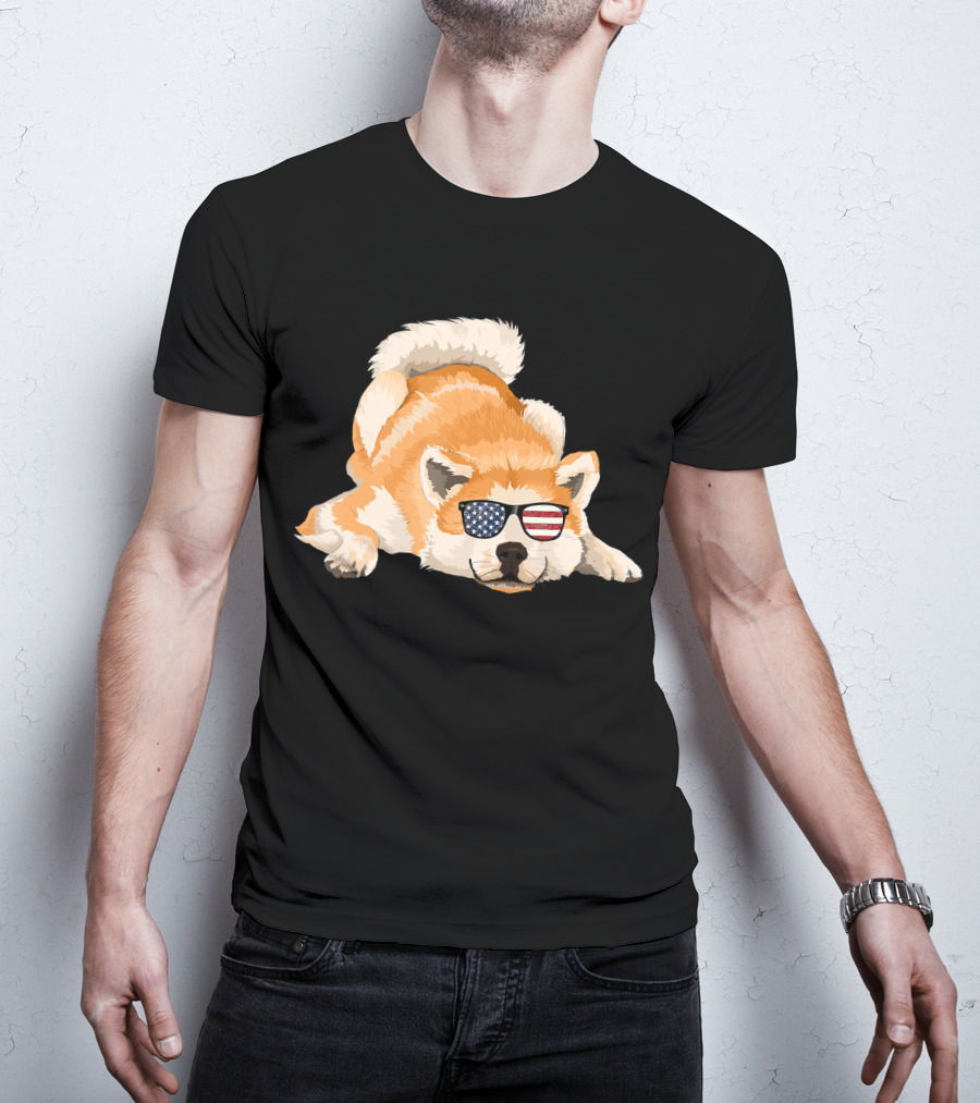 Akita Inu Wearing American Flag Sunglasses Playful Pose T-Shirt