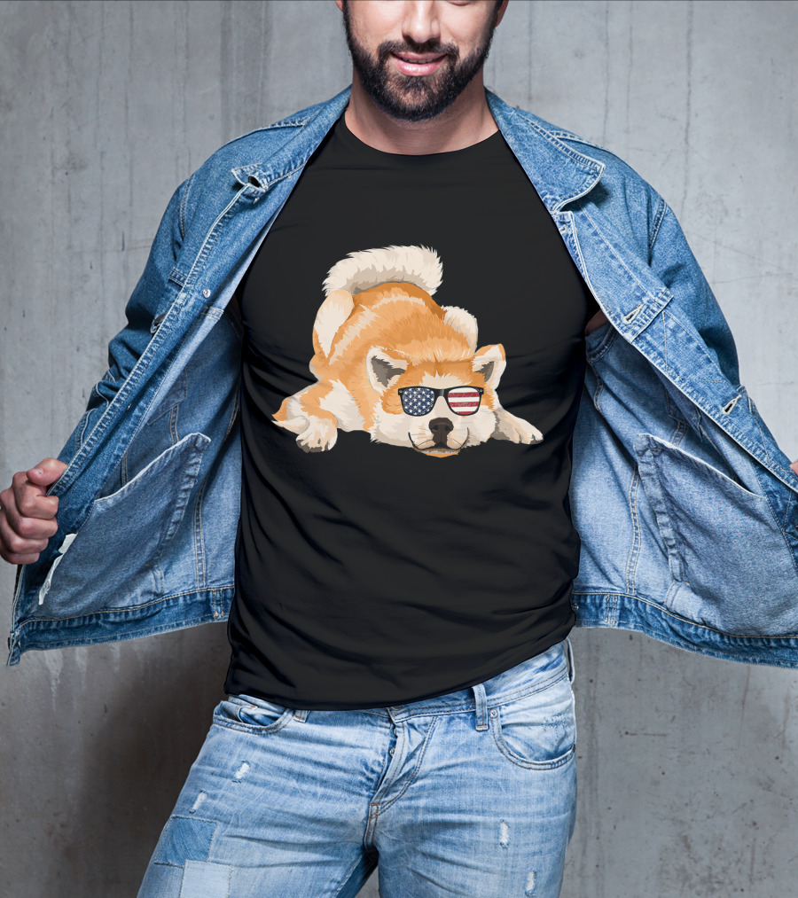 Akita Inu Wearing American Flag Sunglasses Playful Pose T-Shirt