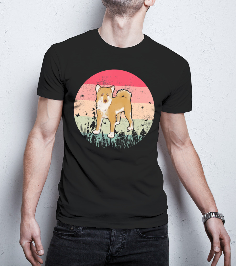 Akita Inu Vintage Retro Akit Circle Silhouette With Stripes And Butterflies T-Shirt